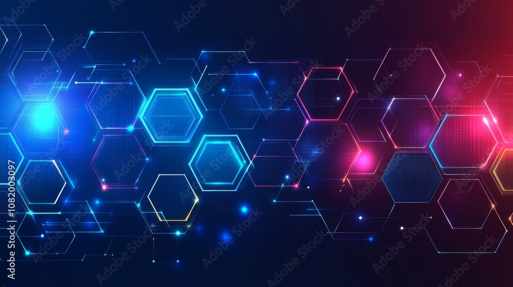 Poster abstract futuristic background with neon hexagons and bright lights ideal for technology, science, a