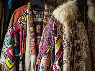 Fototapeta premium Traditional shamanic costumes used in spiritual practices, adorned with symbolic materials and designs