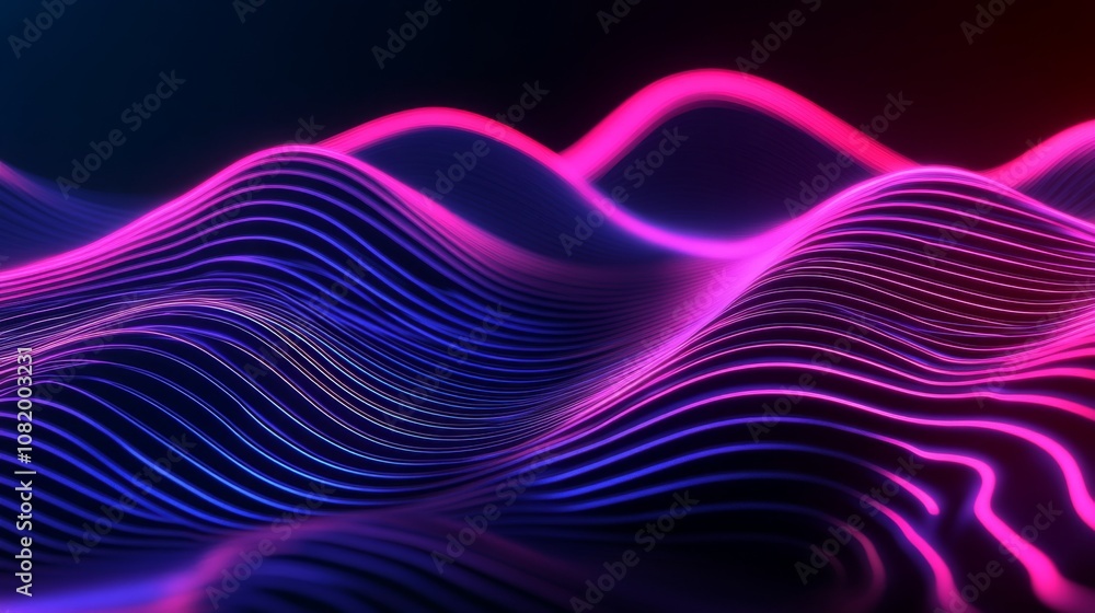 Poster abstract waves of neon light in vibrant pink and blue colors creating a futuristic and dynamic visua