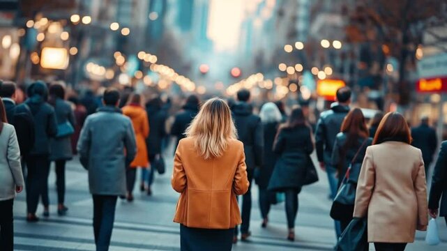 Overwhelmed woman in a bustling urban crowd scene. Modern life stress and solitude.