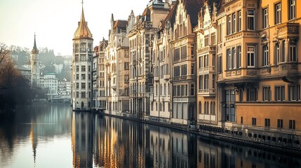 Fototapeta premium Elegant Art Deco Cityscape with Gilded Spires and Shimmering River Reflections