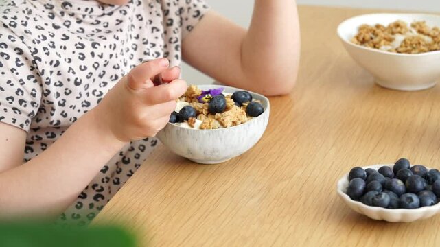 A child enjoys a healthy breakfast of oatmeal or granola with blueberries