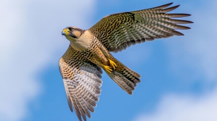 A Peregrine Falcon in Flight with Spread Wings Against a Blue Sky