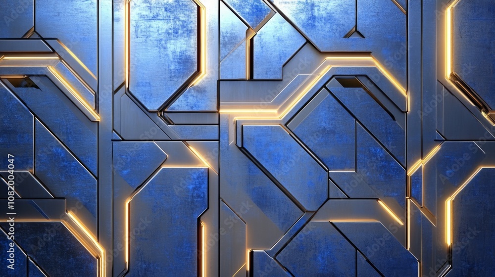 Poster futuristic metallic wall design featuring geometric patterns and soft glowing lines in a vibrant blu