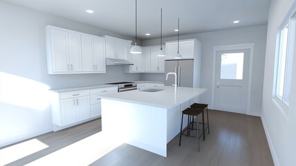 interior of modern kitchen with sink and island table