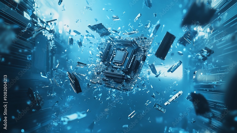 Poster a central processing unit (cpu) is shattered into many pieces.