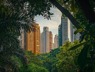 Harmonious Cityscape with Lush Greenery Framing Modern and Classic Architectural