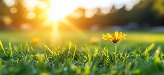 Obraz premium Vibrant Yellow Flower Blooming in Lush Green Grass Under the Glowing Sunlight at Golden Hour in a Natural Outdoor Setting