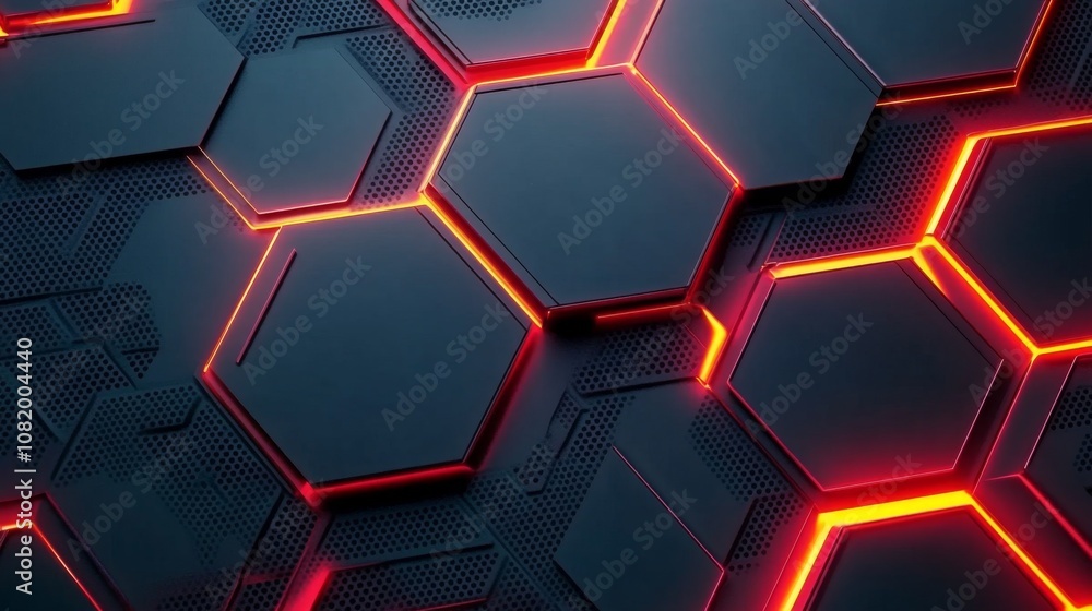 Poster abstract hexagonal geometric pattern with glowing red edges and dark background ideal for technology