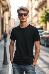 Fototapeta premium Young model shirt mockup boy wearing black t-shirt on street in daylight shirt mockup template on hipster adult for design print male guy wearing casual t-shirt mockup placement generative ai.