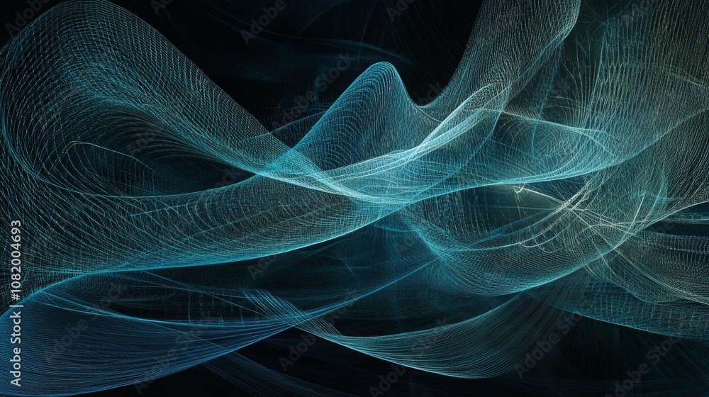 Poster ethereal abstract waves in soft blue and turquoise tones with light trails capturing fluid motion an
