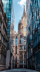 Fototapeta premium Towering Gothic Cathedrals Amid Modern Glass Skyscrapers in the City