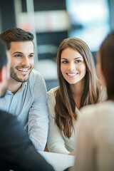Fototapeta premium Young happy couple talking with real estate agent and buying a new house.