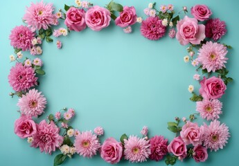 Beautiful Arrangement of Pink Flowers on a Turquoise Background for Creative Designs and Decoration Purposes