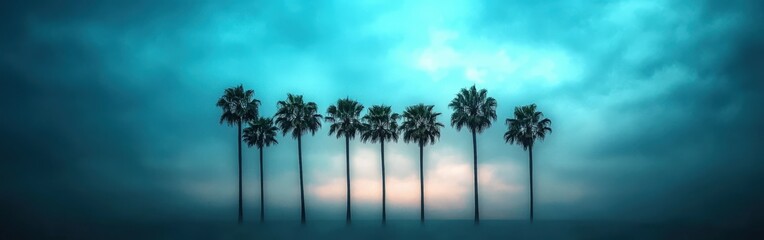 Obraz premium Hurricane winds sway palm trees at dusk in coastal region