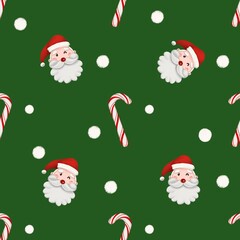 seamless pattern christmas with santa claus candy cane snow green
