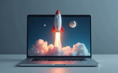 launches rocket from a laptop. concept of company startup. Rocket Fly out from laptop 