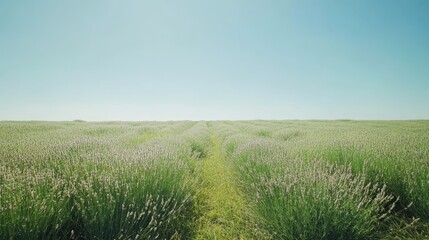 Fototapeta premium A field of lavender stretching out to the horizon, with a clear blue sky above.