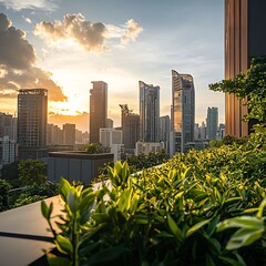 Fototapeta premium Stunning City Skyline Seen From Lush Rooftop Garden Blending Urban and Natural Elements