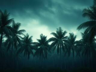 Fototapeta premium Hurricane approaches palm trees under dark, ominous sky at dusk