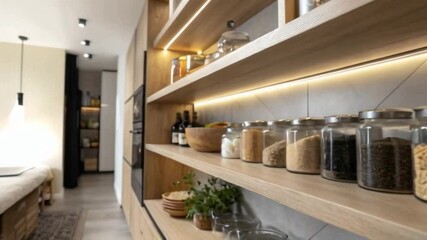 Organized kitchen pantry with glass jars and wooden shelves