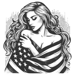 graceful woman draped in the American flag, serene and patriotic expression in vintage-style artwork sketch engraving generative ai vector illustration. Scratch board imitation. Black and white image