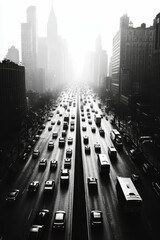 Black and white aerial city highway view.