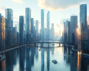 Obraz premium Serene Cityscape with Skyscrapers Reflecting in Waterway with Boats