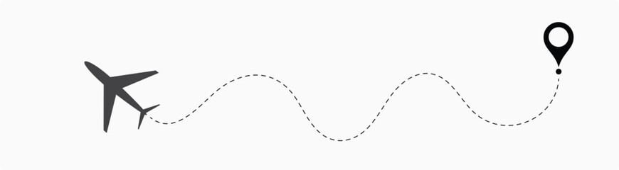 Naklejka premium airplane travel straight and dotted path and location pin icon. start point and dash line trace for plane isolated vector illustration EPS 10 7