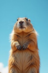 Fototapeta premium Adorable prairie dog standing curiously against clear blue sky
