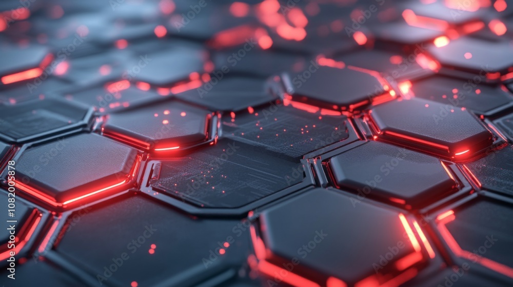 Poster Futuristic Hexagonal Pattern with Glowing Red Accents on a Dark Surface, Ideal for Technology and Sci-Fi Themes in Digital Art and Animation Projects