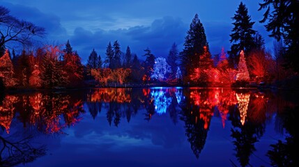 Fototapeta premium Christmas Outdoor Lights. Red and Blue Reflections at Van Dusen Garden in Vancouver, Canada