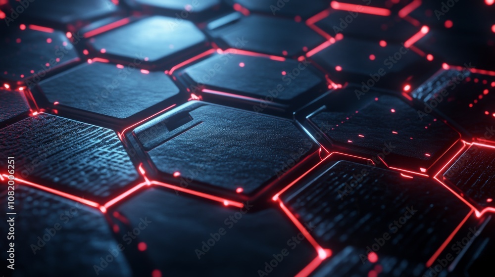 Poster abstract geometric background featuring interconnected hexagonal shapes illuminated by vibrant red n