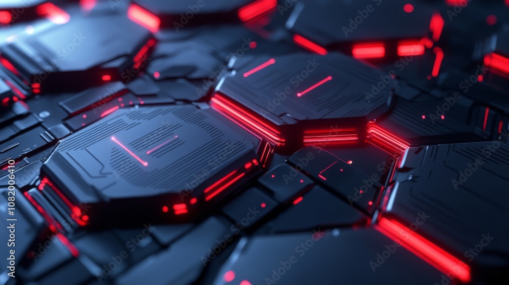 Poster futuristic abstract background with hexagonal shapes and neon red lights, perfect for technology and