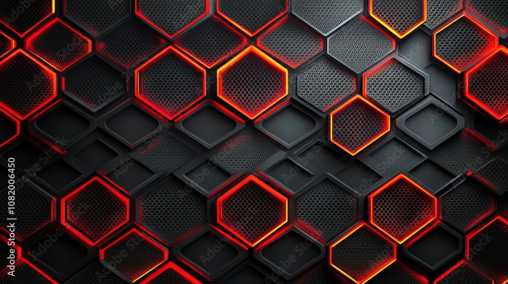 Poster abstract hexagonal background with red and black colors featuring 3d textures, highlights, and shado