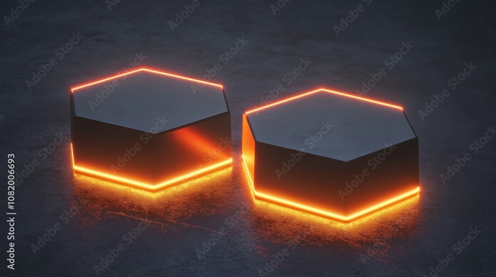 Leinwandbilder Modern Hexagonal Shapes with Glowing Edges on Gritty Background, Perfect for Futuristic and Abstract Concepts in Digital Art and Design Projects