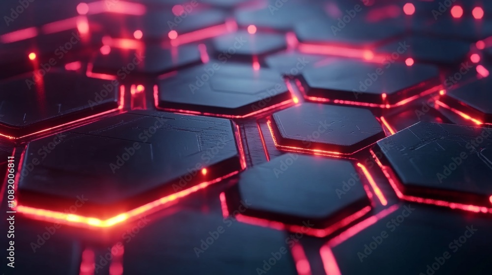 Poster Futuristic Hexagonal Pattern with Glowing Edges, High-Tech Design in Dark Background, Abstract Geometric Structure for Modern Digital Aesthetics