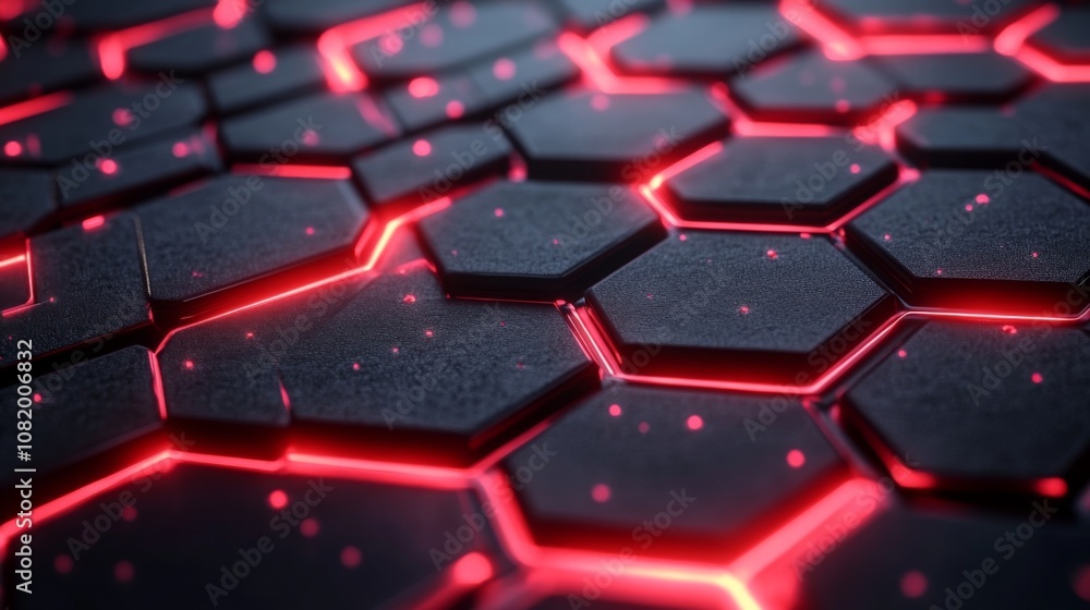 Aufkleber futuristic 3d-rendered hexagonal pattern with glowing red lines and a dark background for technology