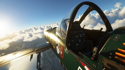 Fighter Jet Cockpit with Pilot Controls Amidst Dramatic Cloud Sea in Sunset, Showcasing Advanced Aviation Technology and Scenic Horizon