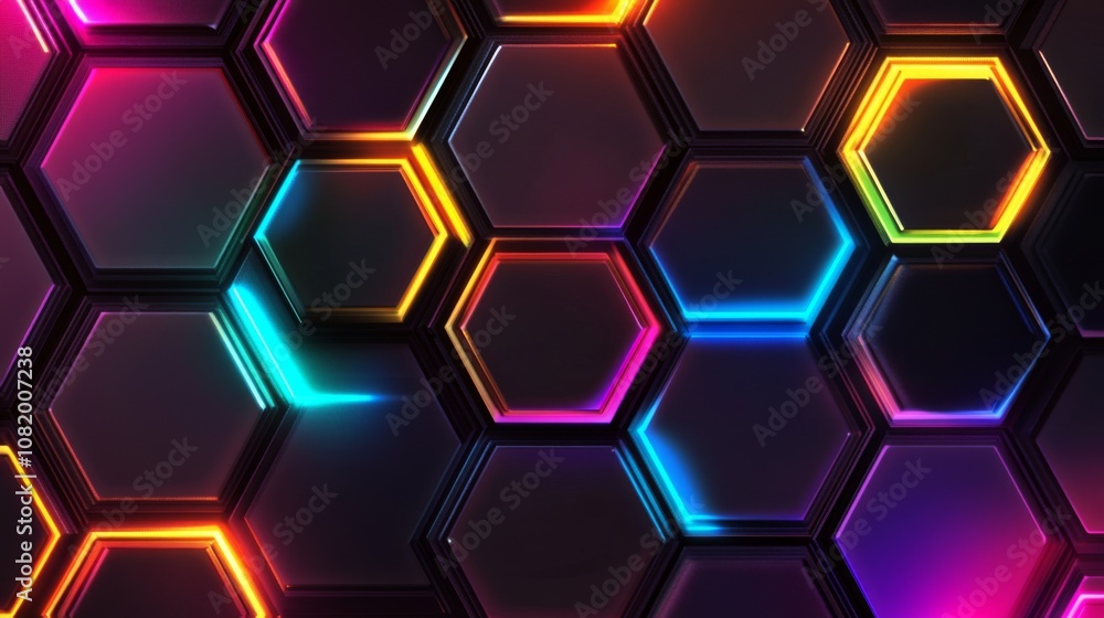 Aufkleber Colorful Neon Hexagons on Dark Background with Shiny Edges Ideal for Modern Digital Designs and Abstract Concepts in Graphic Art and Technology