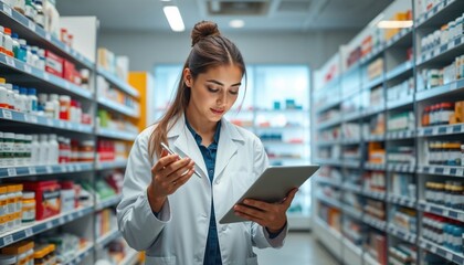 Female pharmacist using a digital tablet to check inventory in a well-stocked pharmacy, focusing on medication accuracy and customer care
