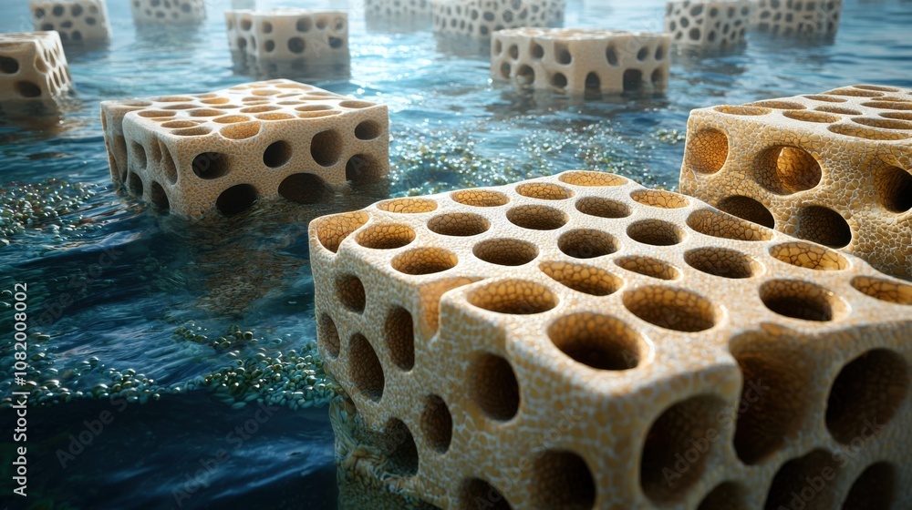Poster abstract 3d composition of textured floating blocks