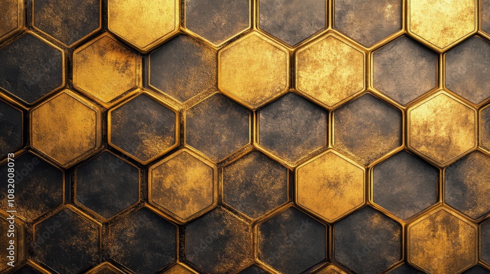 Poster Detailed Hexagonal Pattern with Textured Golden Honeycomb Design on a Dark Background, Ideal for Backgrounds, Textures, and Modern Abstract Art Applications