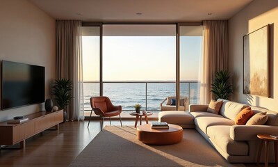 Modern living room with ocean view, featuring cozy furniture, warm lighting, and a serene ambiance, perfect for relaxation and coastal living