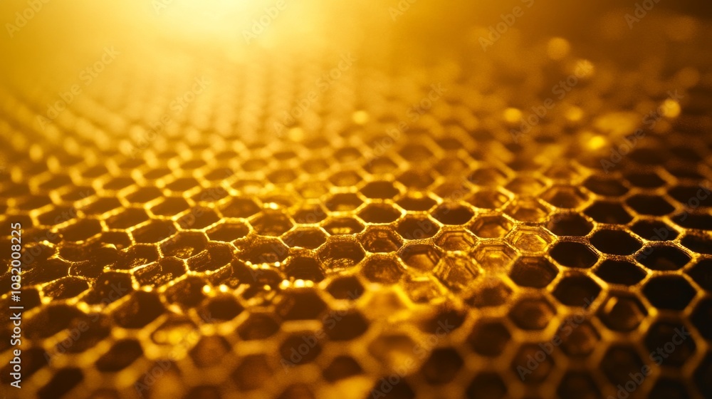 Poster Close-Up of a Textured Honeycomb Structure with Warm Golden Tones Highlighting the Intricacies and Natural Beauty of Honey Bee Production