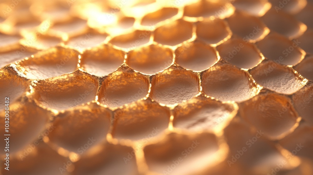 Aufkleber Close-Up View of Golden Honeycomb Texture Showing Hexagonal Pattern and Shimmering Surface in Warm Light for Abstract, Nature, or Food Themes