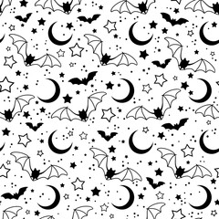 Stylized black silhouettes of flying bats, stars and moons on white background