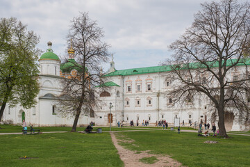 Ryazan, Russia - May 8, 2022: View of the inner courtyard of the Ryazan Kremlin. Springtime. Vacationing tourists. High quality photo