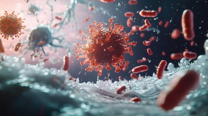 Fototapeta premium Vibrant Microscopic View of Virus and Bacteria in Action