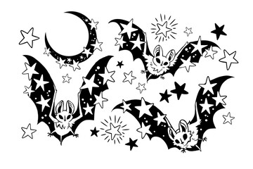 Fantasy bats decorated with stars. Stylized black drawings on a white background